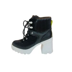 NEW Sorel Brex Heel Cozy Lace Leather Boot Women's 9.5 Black White Sea Salt
